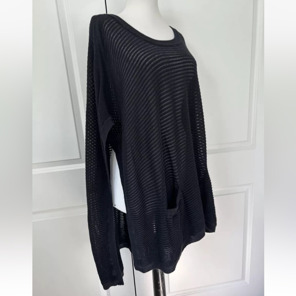 PLANET Lauren G One Size OS Black Ladderstitch Poncho Sweater Pockets Topper